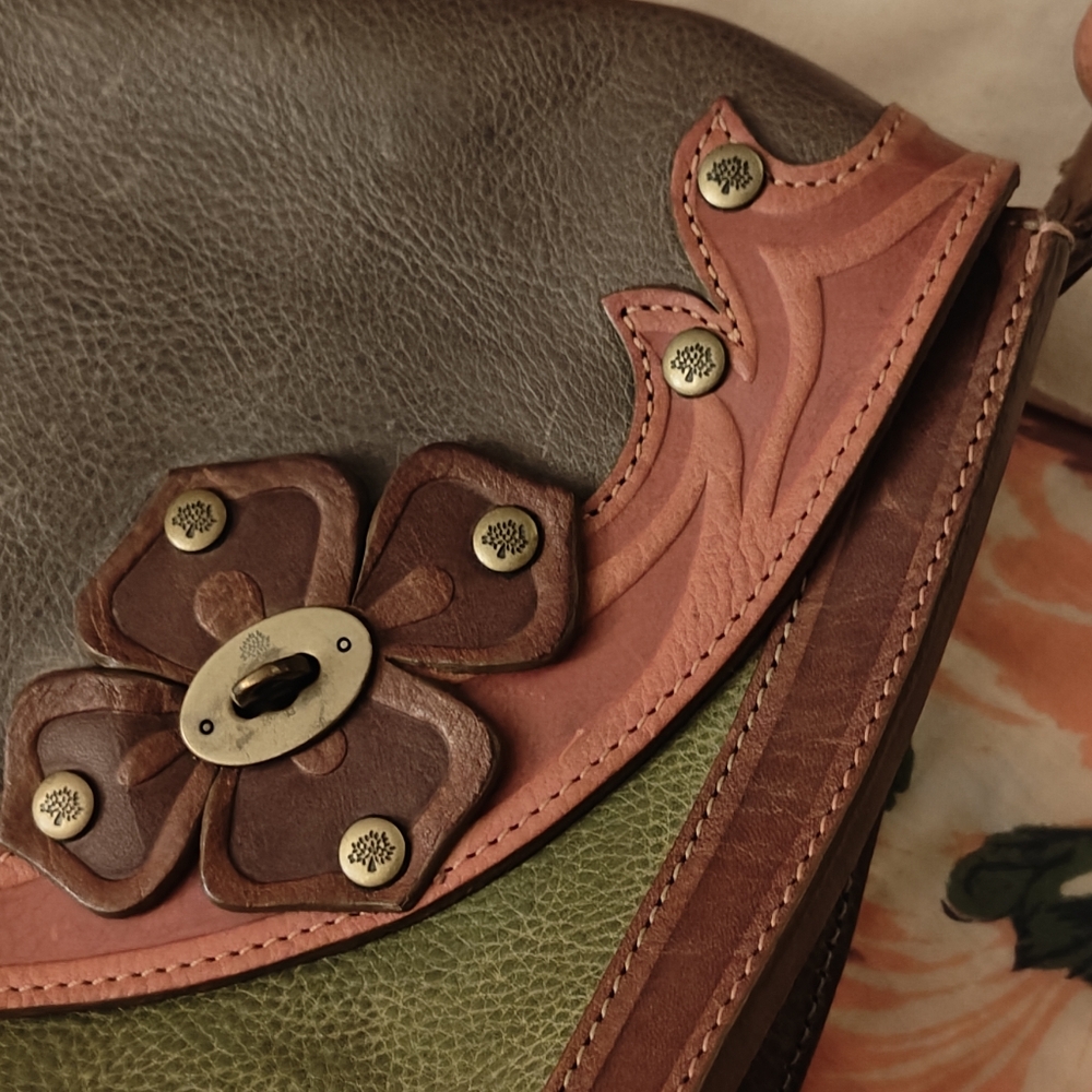 Mulberry Tooled Leather Floral Accent Shoulder Bag - Brown, Olive & Pink - Picture 4 of 10